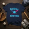 Baseball New York graphic t-shirt with crossed bats and baseball design, in navy blue with pink and turquoise text