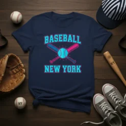 Baseball New York graphic t-shirt with crossed bats and baseball design, in navy blue with pink and turquoise text