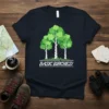 Basic Birches! text with cartoon birch trees graphic on a dark t-shirt design