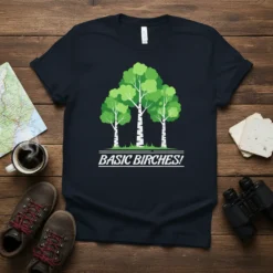 Basic Birches! text with cartoon birch trees graphic on a dark t-shirt design