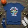 Blue t-shirt with "BASKETBALL COLORS" text and a colorful, stained-glass-style basketball graphic