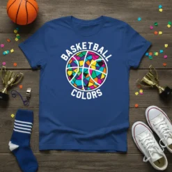 Blue t-shirt with "BASKETBALL COLORS" text and a colorful, stained-glass-style basketball graphic