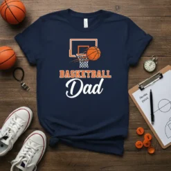 Navy blue t-shirt with "BASKETBALL Dad" text and basketball hoop graphic