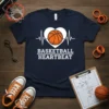 Navy t-shirt with "Basketball Heartbeat" text, a heart graphic with a basketball inside, and a heartbeat line design