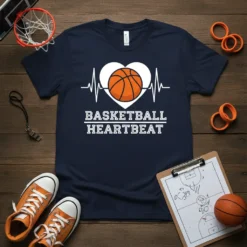 Navy t-shirt with "Basketball Heartbeat" text, a heart graphic with a basketball inside, and a heartbeat line design