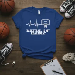 White text "Basketball Is My Heartbeat" with a heartbeat EKG line and basketball hoop graphic on a blue t-shirt