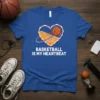 Basketball Is My Heartbeat text with a heart-shaped basketball court graphic on a blue t-shirt