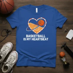 Basketball Is My Heartbeat text with a heart-shaped basketball court graphic on a blue t-shirt