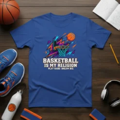 Basketball Is My Religion Play Hard Dream Big t-shirt with basketball hoop graphic and lightning accents