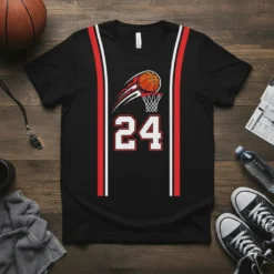 Black t-shirt featuring a basketball jersey design with the number 24 in white and red accents, basketball going into a