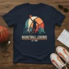 Basketball Legends Est 1990 t-shirt design featuring a silhouette of a basketball player dunking, with a city skyline and retro