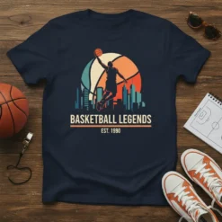 Basketball Legends Est 1990 t-shirt design featuring a silhouette of a basketball player dunking, with a city skyline and retro