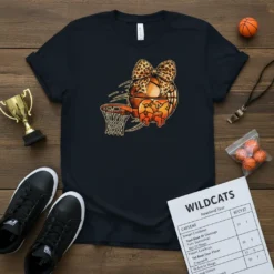 Basketball with leopard print bow and dripping effect near a hoop, primary keyword Basketball Leopard Bow Dripping