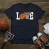 Navy blue t-shirt with white text spelling LOVE, using a basketball and hoop graphic for the letters O and V