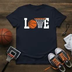 Navy blue t-shirt with white text spelling LOVE, using a basketball and hoop graphic for the letters O and V