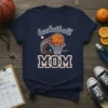 Navy blue t-shirt with "basketball MOM" text and a graphic of a basketball going through a hoop