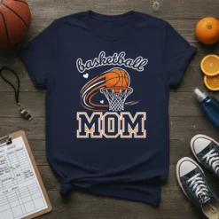Navy blue t-shirt with "basketball MOM" text and a graphic of a basketball going through a hoop