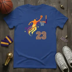 Basketball Player 23 dunking with a basketball, featuring colorful streaks and stars, on a royal blue t-shirt