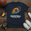 Basketball The Global Game text design with a colorful splash and basketball going into a hoop