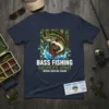 Bass fishing t-shirt with a leaping bass fish graphic and text "Bass Fishing America's Sport Freedom. Adventure. Passion."