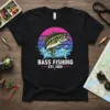 Bass Fishing Est. 1980 t-shirt with a jumping bass graphic and retro sunset