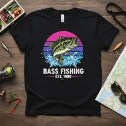 Bass Fishing Est. 1980 t-shirt with a jumping bass graphic and retro sunset