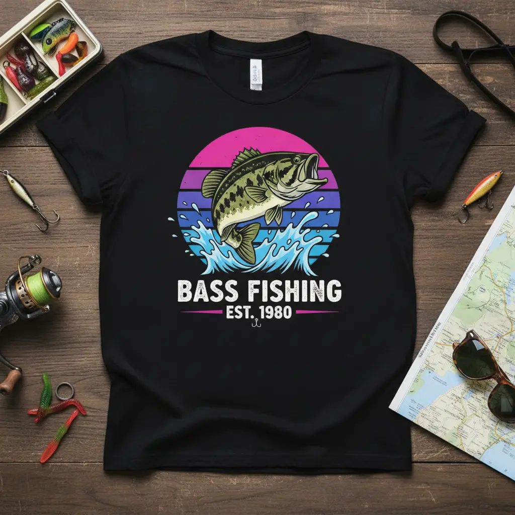 Bass Fishing Est. 1980 design with a leaping bass and retro sunset graphic