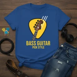 Blue t-shirt with "BASS GUITAR PICK STYLE" text and bass guitar headstock graphic inside a yellow pick shape