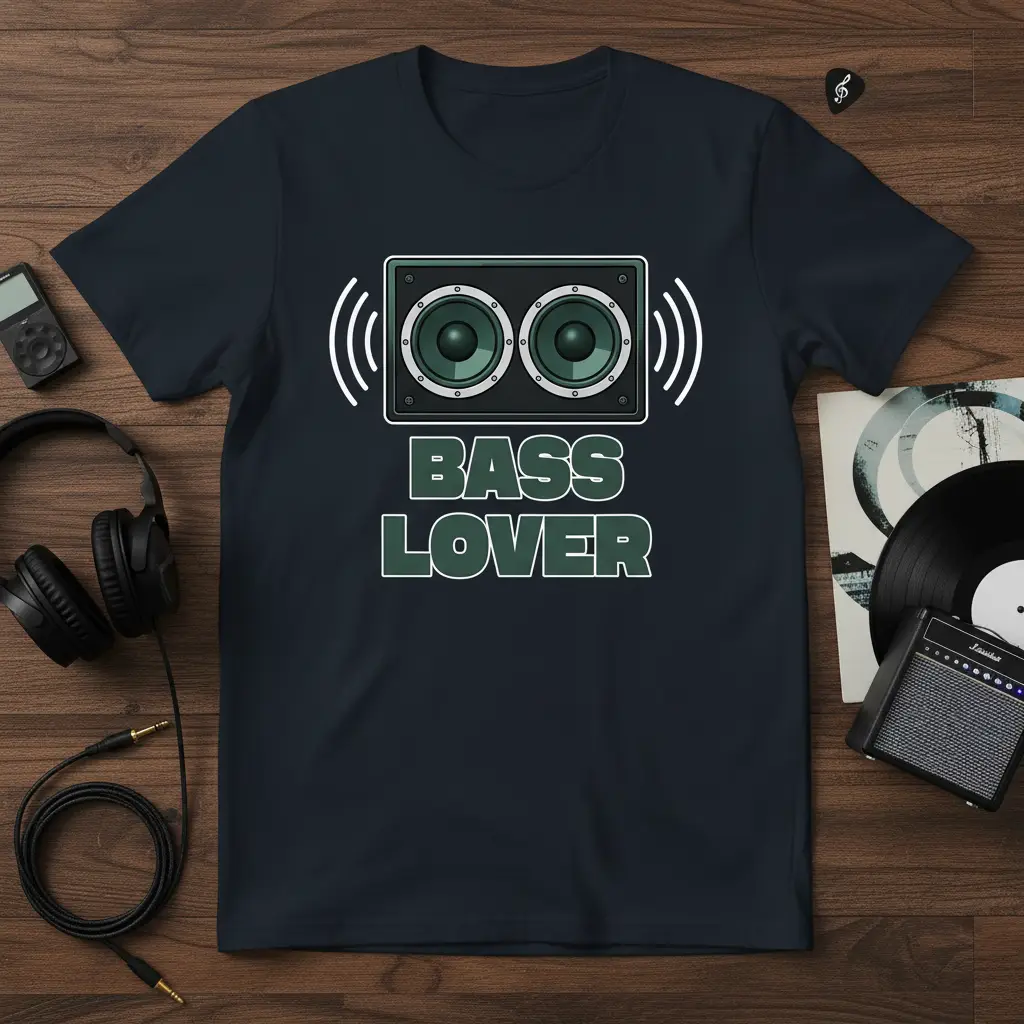 Bass Lover T-Shirt design with twin speakers and sound waves, celebrating audio passion