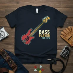 Retro Bass Player Est. 1970 T-Shirt with a red bass guitar graphic and yellow text