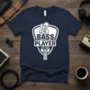 Bass Player Est. 1980 T-Shirt with a white bass guitar headstock and neck graphic on a navy blue tee