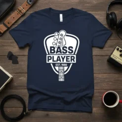 Bass Player Est. 1980 T-Shirt with a white bass guitar headstock and neck graphic on a navy blue tee