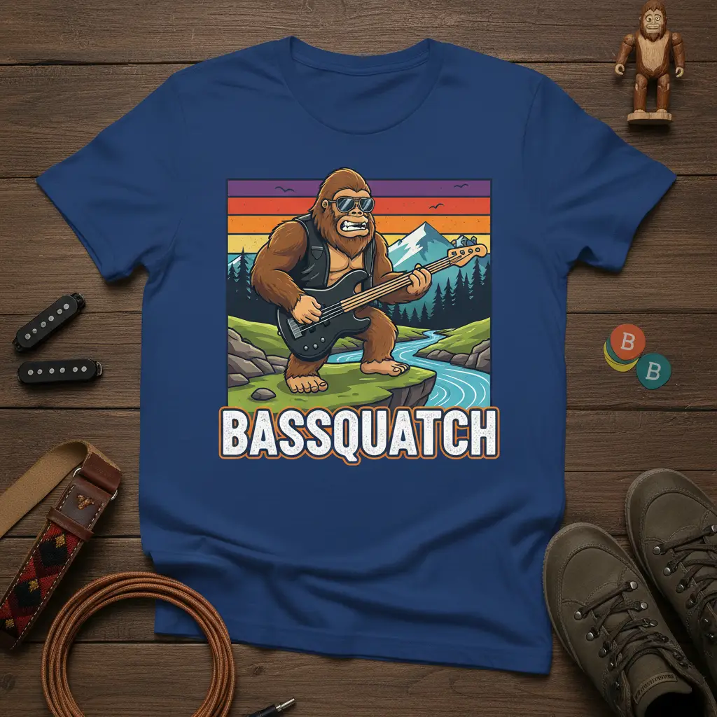 Bassquatch Bigfoot playing a bass guitar in a scenic mountain landscape with a retro sunset, featuring the text BASSQUATCH