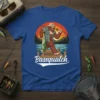 Bassquatch Bigfoot fishing t-shirt design showing Bigfoot holding a bass on a dock at sunset