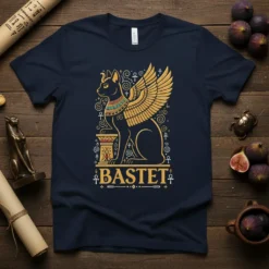 Egyptian goddess Bastet t-shirt design with a winged black cat and ancient hieroglyphs