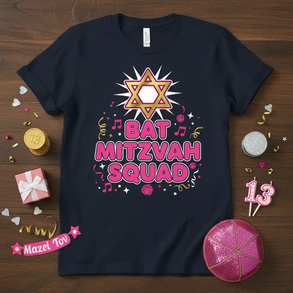 Bat Mitzvah Squad text in pink bubble letters with a gold Star of David graphic above, celebrating a Jewish milestone