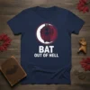 Bat Out Of Hell t-shirt design with a hanging bat and moon graphic, featuring bold white text