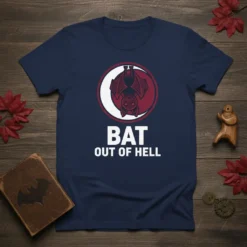 Bat Out Of Hell t-shirt design with a hanging bat and moon graphic, featuring bold white text