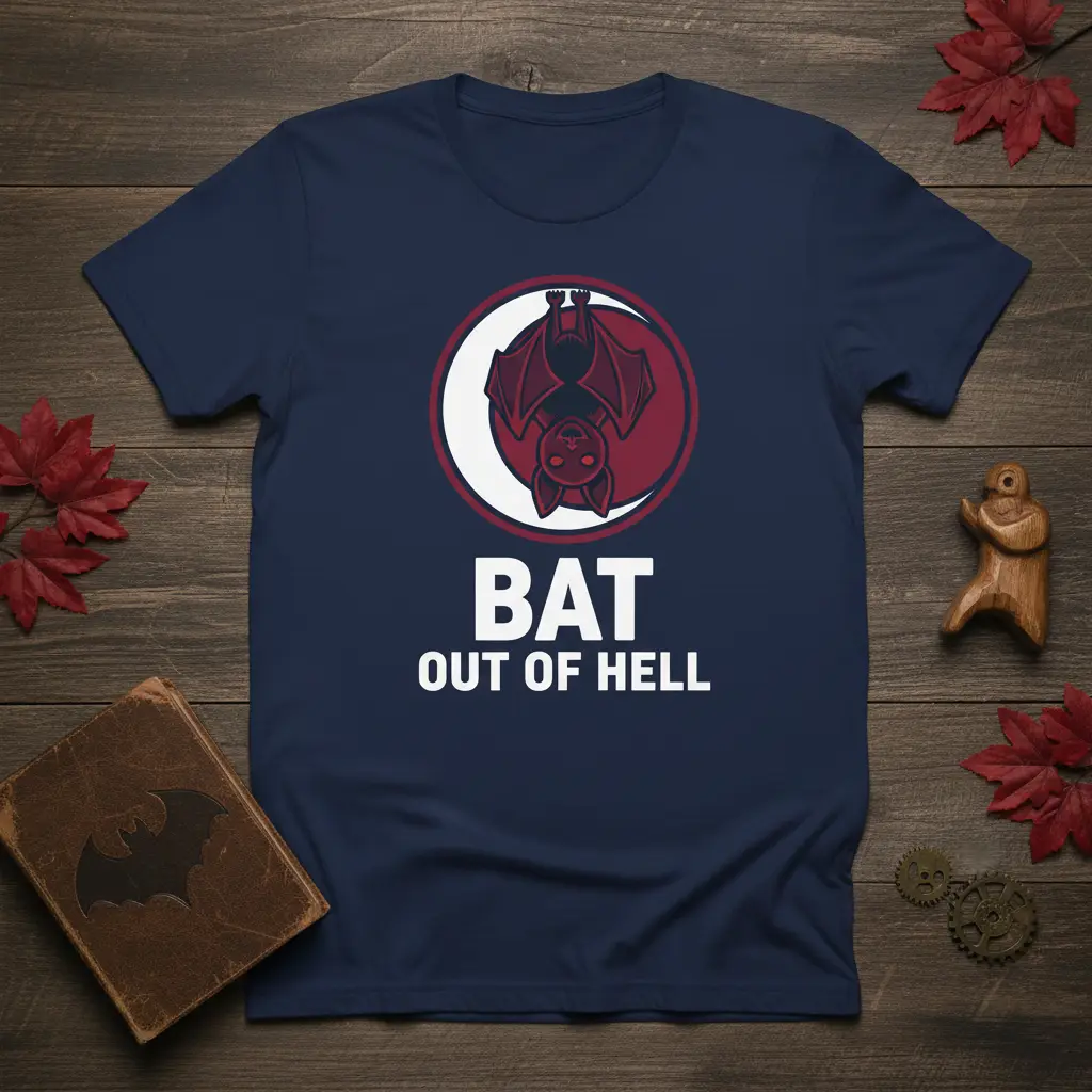 Bat Out Of Hell graphic t-shirt featuring a stylized hanging bat and bold white text