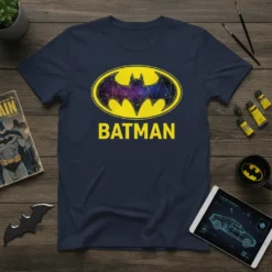 Navy blue t-shirt featuring the yellow Batman logo with a colorful galaxy design inside, and the word BATMAN below