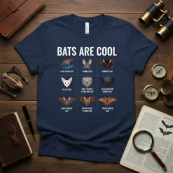 T-shirt with "BATS ARE COOL" text above a grid of nine different bat illustrations, including Fish Eating Bat and Vampire
