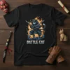 Battle Cat t-shirt design featuring a samurai cat with crossed swords, surrounded by flames and waves
