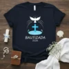 Bautizada 2026 text with a dove and blue cross over water on a navy t-shirt for a baptism celebration