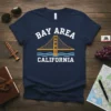 Bay Area California t-shirt design with white text and a graphic of the Golden Gate Bridge over blue water