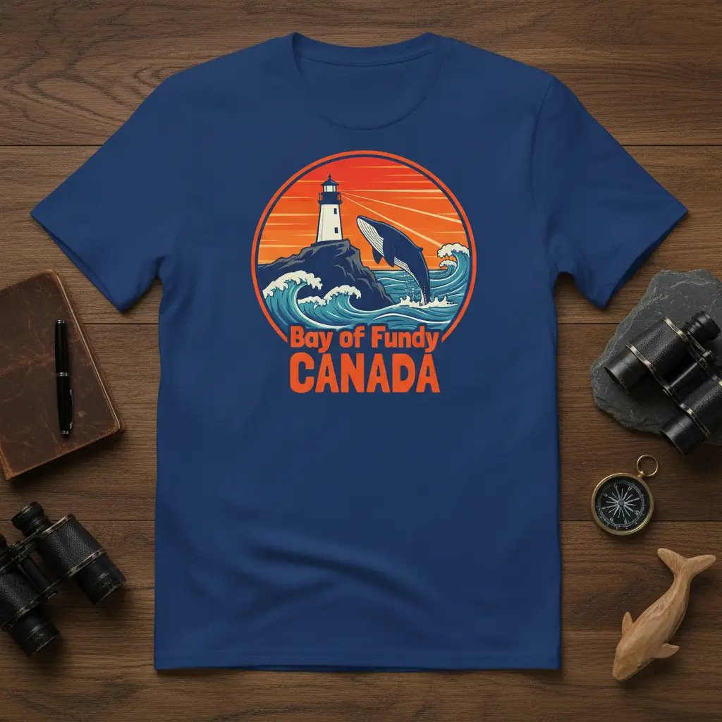 Bay of Fundy CANADA t-shirt design with whale breaching near lighthouse and ocean waves