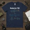 Baybartar TB2 drone technical blueprint design on a navy blue t-shirt, showing side, top, and front views with dimensions