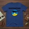 Bayraktar drone silhouette flying over a sunlit landscape with Ukrainian flag colors, printed on a navy blue t-shirt