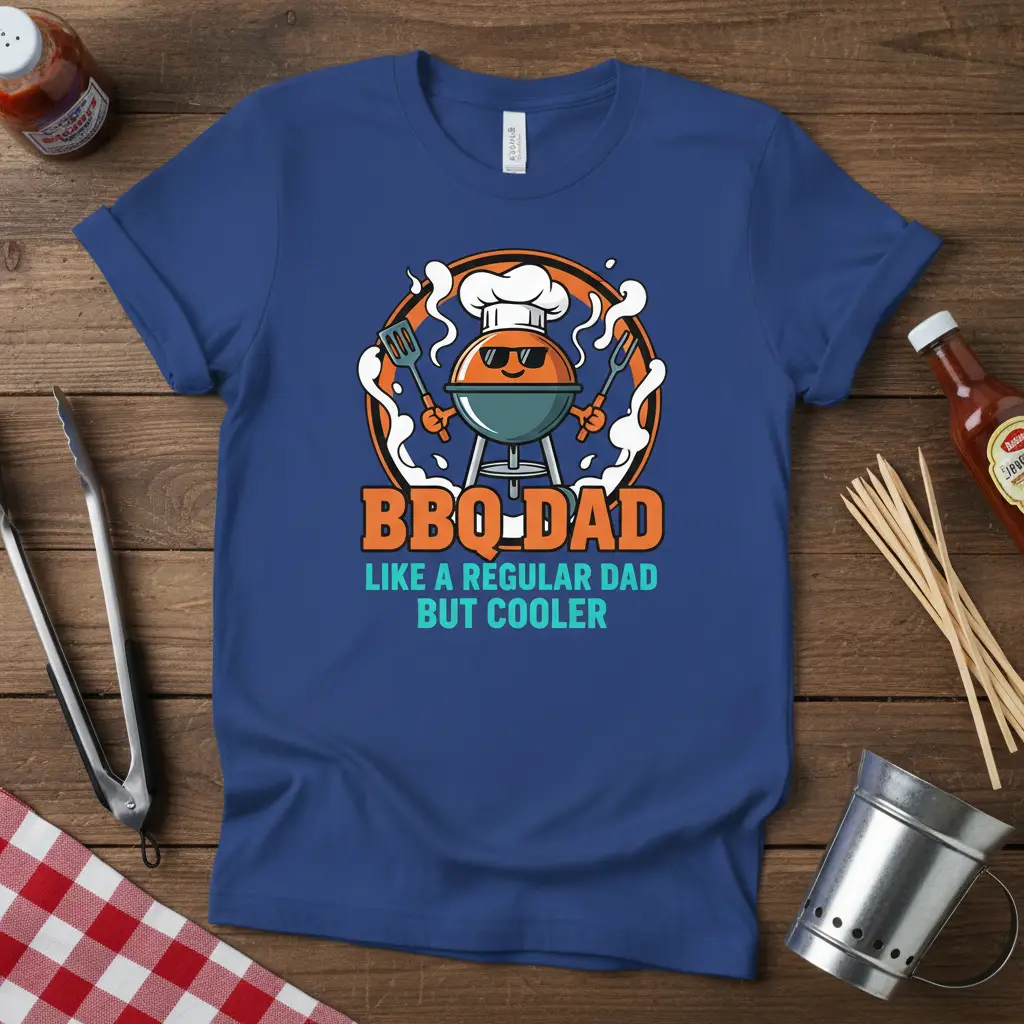 BBQ Dad Like A Regular Dad But Cooler quote with a cute cartoon grill character, ideal for Father's Day gift