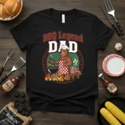 BBQ Legend Dad T-Shirt featuring a bear in a chef's hat grilling sausages over a fire, with text "BBQ Legend