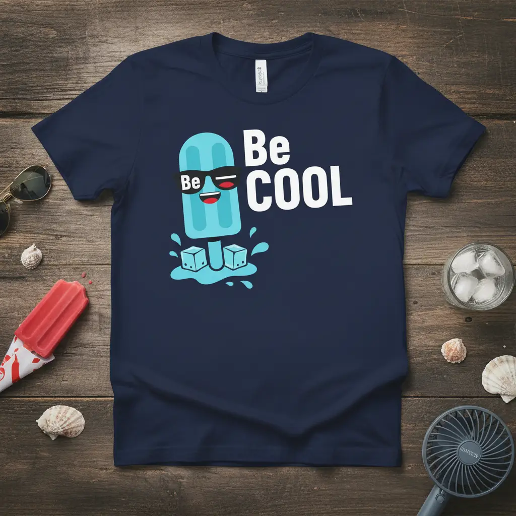 Be COOL ice pop character wearing sunglasses, with ice cubes and water splashes on a navy tee